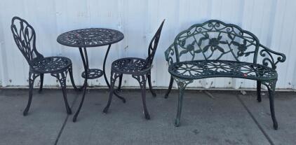 Victorian Style Cast Metal Patio Set With 2 Bistro Chairs, Table, And Garden Bench, Floral Design