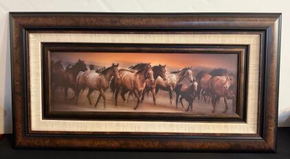 Large RC Willey Framed Art Print, Burl Wood Frame, Western Running Horses, 50"x28"