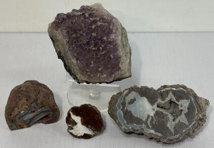 Amethyst Cluster, Agate Geode, and Petrified Wood Mineral Specimen Lot &ndash; Polished & Natural Finishes