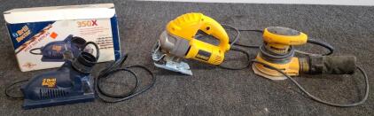 Drill Doctor 350X Sharpener, DeWalt Jigsaw, DeWalt Random Orbit Sander, Corded Power Tool Set( all powered on