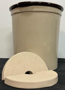 Ohio Stoneware 5 Gallon Crock Set with Weights, Broken Lid, Zanesville, USA, Beige/Brown