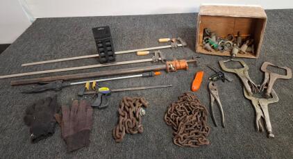 Mixed Lot: IRWIN Clamps, Champion Nozzles, Chains, Sockets, Pliers & Vintage Tools