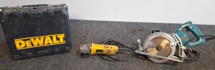 DeWalt 4.5" Angle Grinder with Case & Makita 7-1/4" Circular Saw, Corded Electric Power Tools( both powered on)