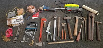 Large Mixed Tool Lot with Ryobi Angle Grinder, Mister Twister Fillet Knife, Wrench Set, Auto Parts