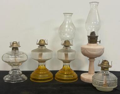 Antique Glass Oil Lamp Collection, Table Styles, 5 Lamps, Pressed Patterns, USA Made Brass Burners
