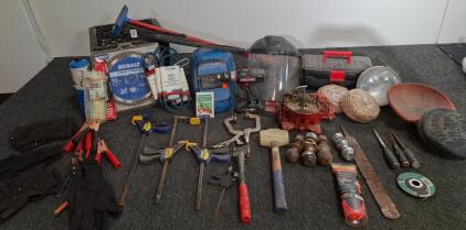Large Mixed Tool Lot: Craftsman 19.2V Drill, ( no battery ) Irwin Clamps, Kobalt 10in Saw Blade, Farm & Ranch Rope, ball hitches, rope, welding and safety masks and more