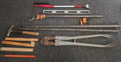 HK Porter 24" Bolt Cutters, Bar Clamps, Hammer, Handles, Level, Brush, Mixed Tool Lot