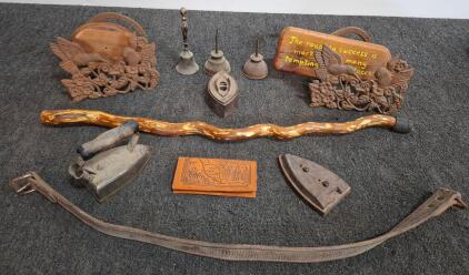 Vintage lot. Chicago Cast Iron Sad Iron Set with Detachable Wooden Handle and Two Interchangeable Bases, natural wood cane, vintage yard art. Heavy leather belt, leather wallet.
