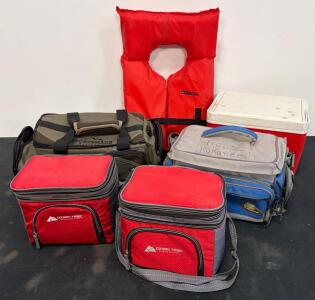 Outdoor Recreation Gear Lot: Coolers, Tackle Bags, PFD, and Accessories