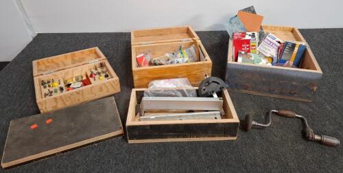 Assorted Woodworking Tool Lot with Router Bits, Hand Drill, and Hardware
