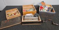 Assorted Woodworking Tool Lot with Router Bits, Hand Drill, and Hardware
