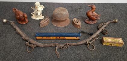 Vintage lot. Plow harness, vintage iron, yard art. Ceramic Duck Figurines Pair &ndash; 6&rdquo; Tall, Natural Wood look. Vintage Decorative Sculptures