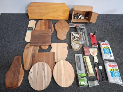 Mixed Lot: 11 Wood Mounting Boards, Painting & Sanding Tools, Hardware, Husky Drop Cloths