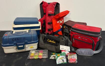 Fishing & Boating Gear Bundle: Cabela&rsquo;s Bags, Plano Box, Life Jackets, Ozark Trail Cooler, Lures