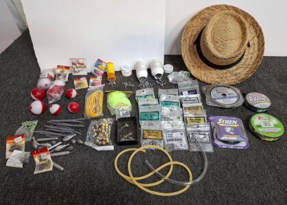 Large Fishing Tackle Lot &ndash; Name Brand Lines, Sinkers, Hooks, Bobbers, Lures & Straw Hat