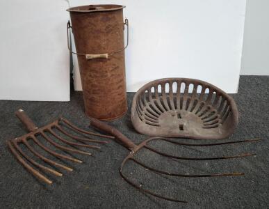 Antique Farm Tool Lot&mdash;2 Pitchfork Heads, Iron Tractor Seat, Vintage Milk Can, Early 1900s