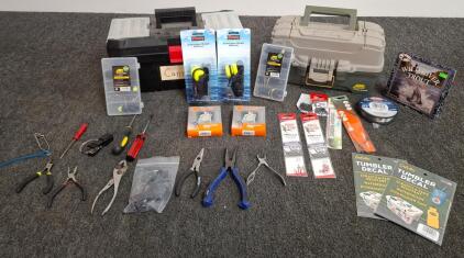 Plano 1349 Fishing Tackle & Tool Lot, 2 Tackle Boxes, Tools, Eagle Claw Hooks, Scotty Retrievers