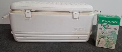 Igloo 48-72 Quart Large Chest Cooler, Dual Handles, Drain Plug, 2 Latches, White, Heavy-Duty, and 1 gallon weed sprayee new in box