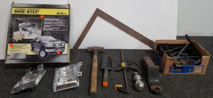 Bully AS-500 Side Step, Everbilt 10x8 Brackets, Irwin Clamp, Tools Lot, hand tools, sledge hammer, square, clamp, hitch and ball, metal brackets and more