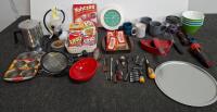 Mixed campng Lot: Kitchenware, Tools, Games, Bakeware, Propane Regulator, Percolator, First Aid, Clock