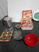 Mixed campng Lot: Kitchenware, Tools, Games, Bakeware, Propane Regulator, Percolator, First Aid, Clock - 5