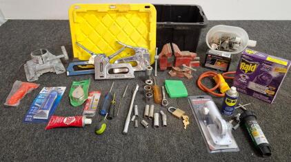 Mixed Hand Tool Lot: Stanley Staple Guns, Bench Vise, Socket Set, Screws, Lubricants, Storage Bin