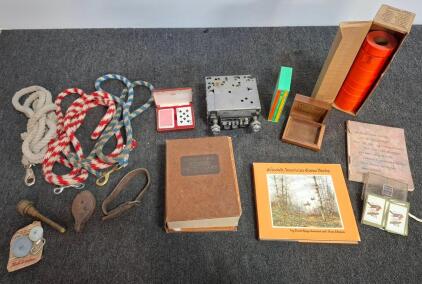 Selected American Game Birds by David Hagerbaumer and Sam Lehman, 1973 Second Printing, Hardcover with Dust Jacket, vintage dictionary, vintage car stereo, heavy duty ropes, red safety tape, vintage playing cards and wood box