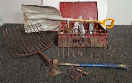 Assorted Tool Lot: Estwing Axe, Snow Shovel, Pitchforks, Vintage Metal Toolbox, Accessories
