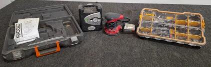 Slime Compressor, SKIL Sander, DeWalt Organizer w/ Fasteners, Ridgid Jig Saw Case Bundle( tools powered on)