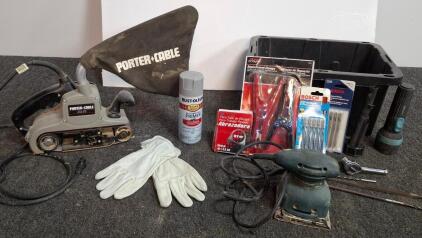 Porter-Cable 352VS 3x21 Belt Sander Kit w/ Palm Sander, Dust Bag, Jigsaw Blades & Tools( powered on)