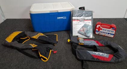 Coleman PolyLite 48 Qt Cooler Kit w/ Onyx & Cabela's Life Vests, First Aid Kit, Tarp