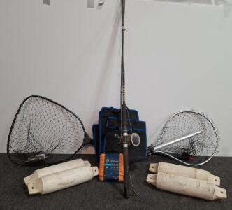 Boating & Fishing Gear Lot: 2 Landing Nets, 4 Taylor Made Fenders, Rod/Reel, Rope, Organizer/cooler bag