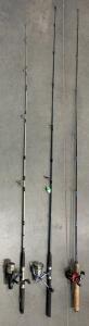 Three Fishing Rod & Reel Combos: Shimano 7', Browning 7', Eagle Claw 6'6", Spinning & Casting