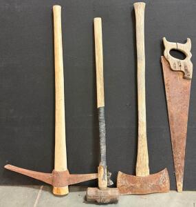 Vintage Pickaxe, Sledgehammer, Double Bit Axe, and Hand Saw &ndash; Steel Heads, Wood Handles