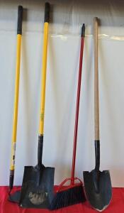 4-Piece Yard Tool Set: Two Shovels (Fiberglass, Wood), Square Spade, 13" Push Broom, 55-58" Handles