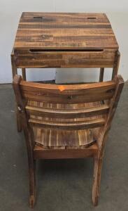 Rustic Solid Wood Student Desk with Hinged Top and Matching Chair &ndash; Storage Compartment