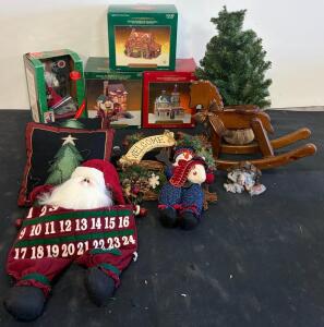 Large Vintage Christmas Decor Lot &ndash; Porcelain Houses, Musical Santa, Rocking Horse & More