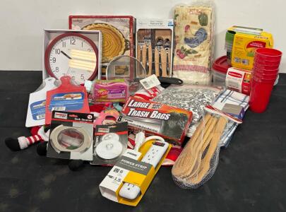 Large Household Essentials Lot w/ Mainstays Flatware, Camp Chef Cast Iron, Clock, Storage, Stockings
