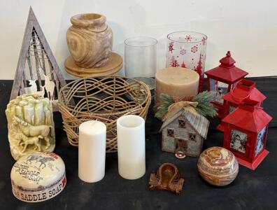 Mixed Home Decor Lot: Red Lanterns, Candles, Marble Sphere, Rustic Basket, Barn Accent, Soap Tin