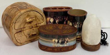 Western Horse Bathroom Organizer Set with Trinket Box, USB Salt Lamp, Carved Band Saw Jewelry Box