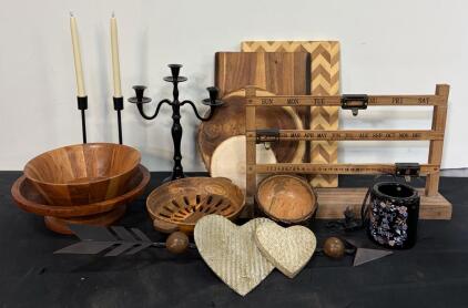 Rustic Wood & Metal Decor Lot: Perpetual Calendar, Bowls, Live Edge Boards, Candle Holders