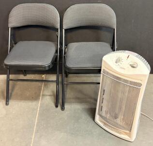 2 Padded Folding Metal Chairs & Sunbeam 1500W Space Heater, Gray/Black, Adjustable Thermostat