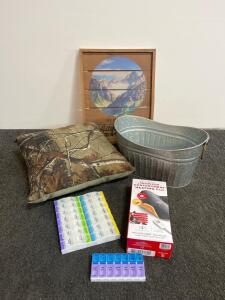 Household Goods Lot: Sunbeam ConformHeat Heating Pad, Metal Tub, Organizer, Pillow, Wall Art