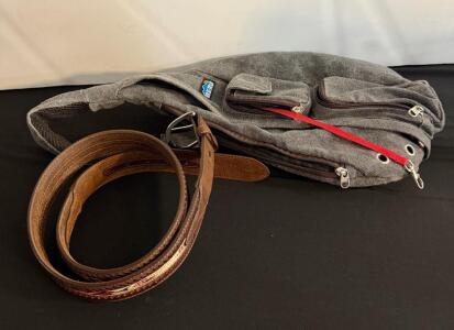 Circle Y Western Leather Belt Size 40 & MERU Gray Teardrop Sling Bag, Canvas, Multiple Pockets