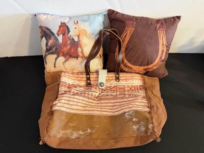 Myra Bag Western Cowhide Tote with Leather Handles, Aztec Canvas Print, Oversized, Brown & More