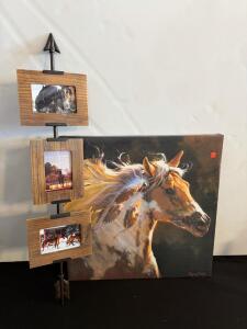 Decorative Arrow Wall-Mount Photo Frame & Carolyn Hawley Signed Horse Canvas 20"x20" Art Print