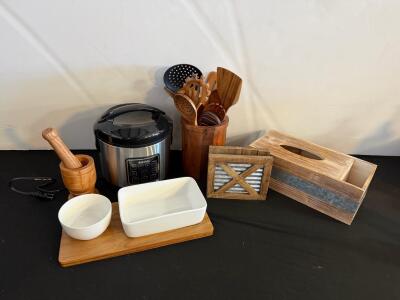 Aroma 8-Cup Digital Rice Cooker, Wooden Mortar & Pestle, Utensil Set, Ceramic Dishes, Holders