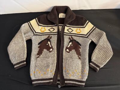 Vintage Knit-Rite Caldwell Agassiz Cowichan-Style Wool Sweater Medium, Horse Motif, Canada, Zipper