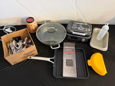Calphalon IntelliCrisp Waffle Maker CKCLWF1, Premier Grill Pan, Anolon Pan, Oneida Flatware Lot