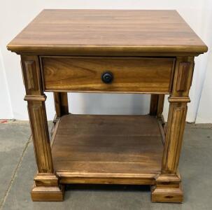 Wooden End Table/Nightstand with Drawer and Shelf, Medium Brown Finish, Decorative Carved Legs